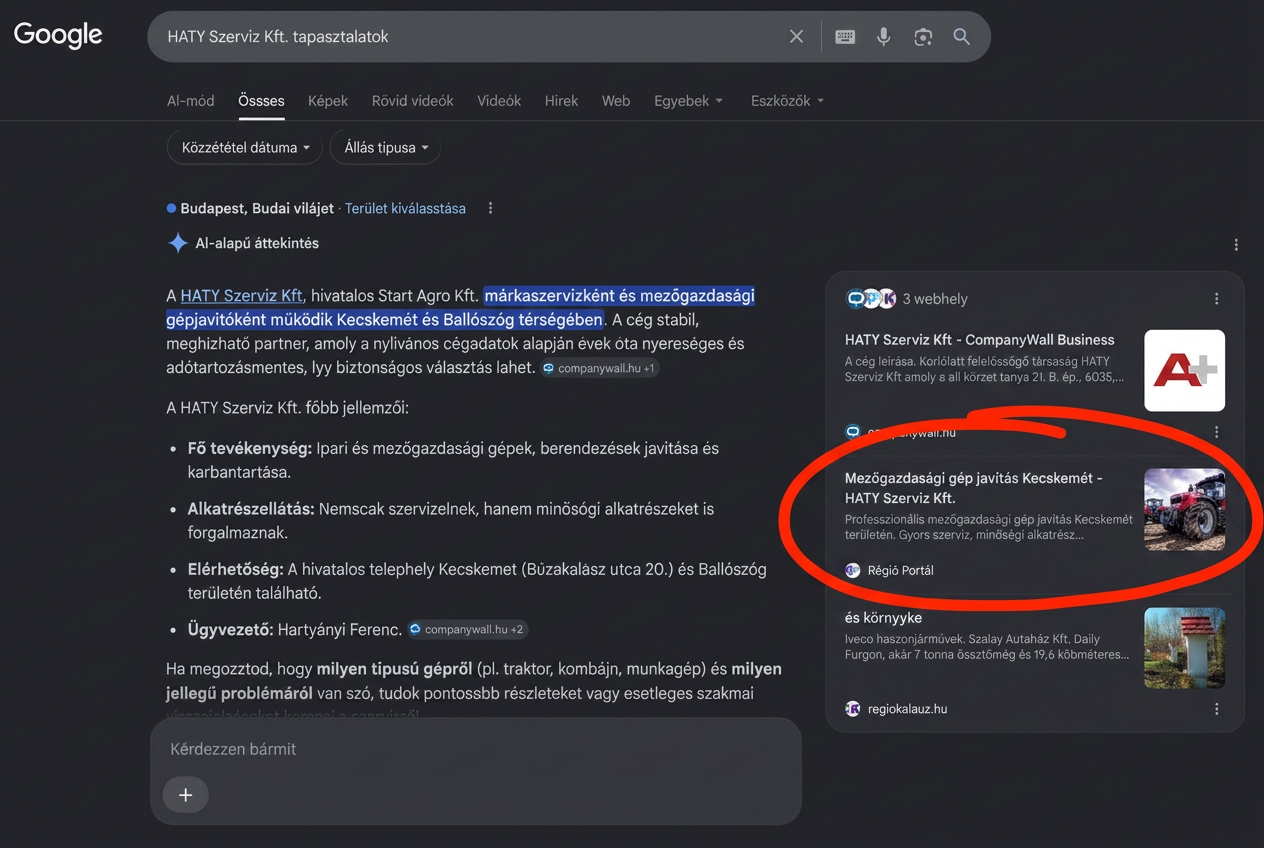 Google keresési találati oldal AI-alapú áttekintéssel, ahol a Régió Portál cégprofilja jelenik meg a nulladik helyen